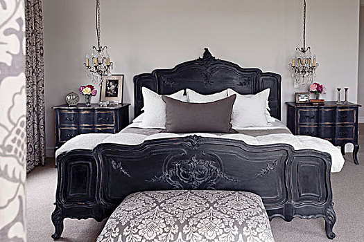 黑色,双人床,雕刻,脚,相配,床边,柜子,土耳其,苍白,锦缎,遮盖