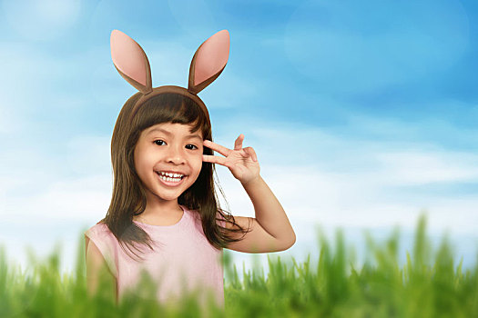 微笑,女孩,兔子,耳,头发