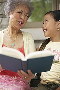 祖母,孙女,读,书本