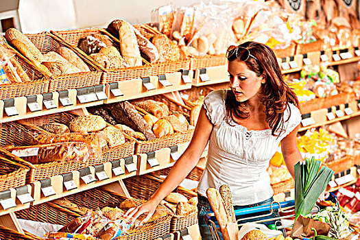 杂货店,女青年,购物车,选择,面包