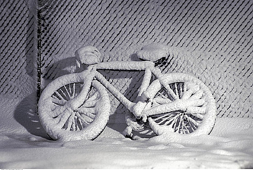 积雪,自行车,靠着,围栏,冬天