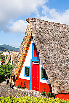 传统的,房子有茅草屋顶,桑塔纳,葡萄牙