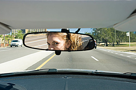 女人,驾驶,检查,后视镜