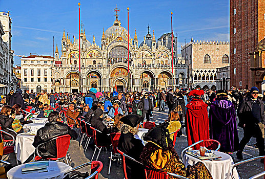 街头咖啡馆,广场,大教堂,狂欢,威尼斯,威尼托,意大利,世界遗产