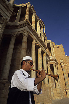 利比亚,靠近,的黎波里,萨布拉塔,罗马人,剧院,二世纪,广告,音乐人,笛子