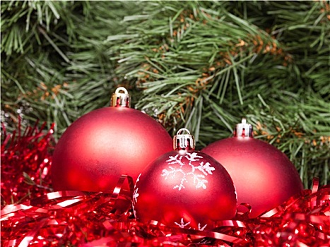三个,红色,圣诞节饰物,闪亮装饰物,圣诞树