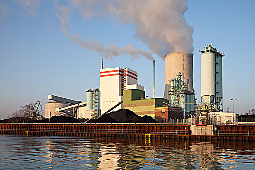 燃煤,电厂,运河,鲁尔区,北莱茵威斯特伐利亚,德国,欧洲