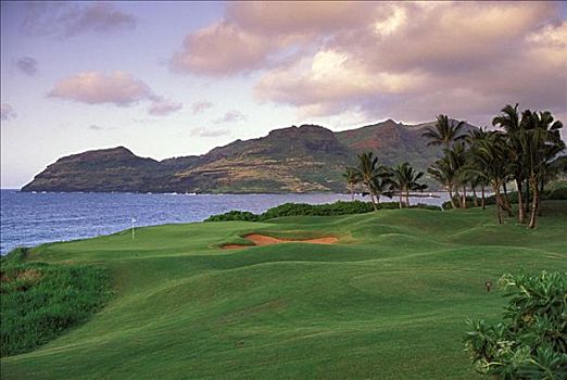 夏威夷,考艾岛,考艾礁湖,胜地,基乐球场,高尔夫球场,海洋,山
