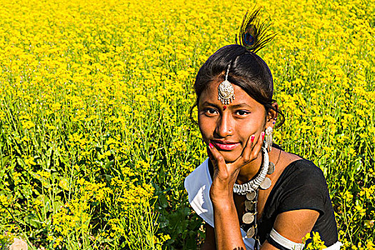 头像,年轻,女人,部落,坐,黄色,芥末,地点,奇旺,尼泊尔,亚洲