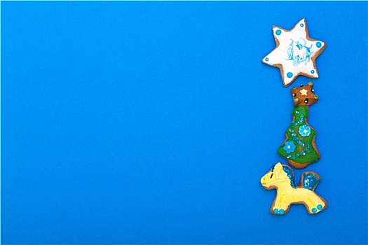 姜饼,蛋糕,小马,圣诞树,星,糖衣,装饰,蓝色背景