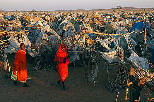 衣服,鲜明,红色,女人,走,露营,人,近郊,林羚,南方,达尔富尔,苏丹,提示,离开,威胁