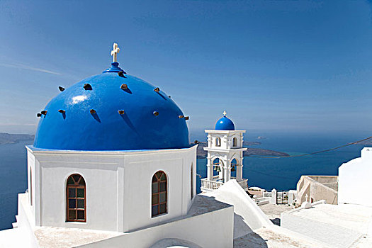 风景,刷白,教堂,蓝色,圆顶,锡拉岛,基克拉迪群岛,希腊