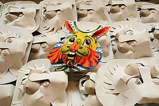 收集,纸板,面具,学生,艺术,达卡,大学,新年,孟加拉,四月,2007年