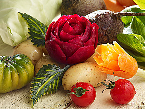 雕刻,甜菜根,玫瑰,胡萝卜,花,多样,蔬菜