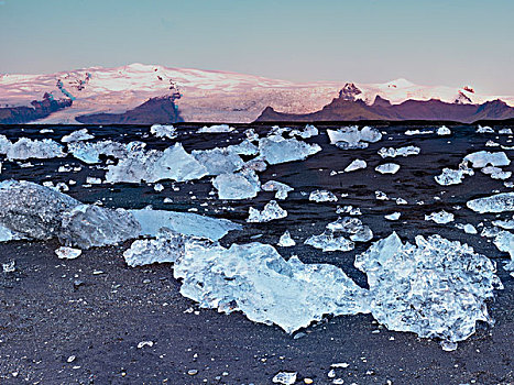 冰山,排列,海滩,杰古沙龙湖,冰岛,瓦特纳冰川,国家公园,冰河,背景,落日余晖
