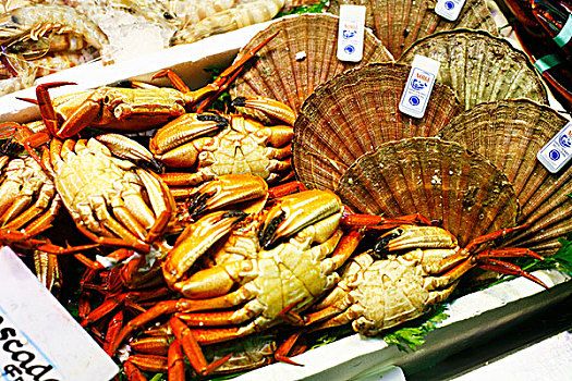 蟹肉,扇贝,市场,西班牙