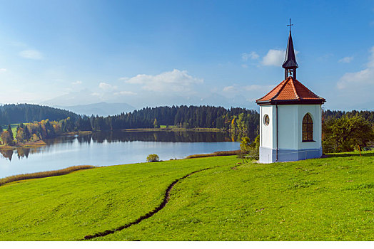 湖,小,哥特式,小教堂,秋天,斯瓦比亚,巴伐利亚,德国