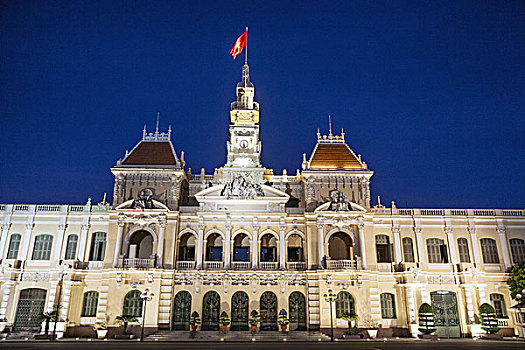 越南,胡志明,城市,市政厅,晚上
