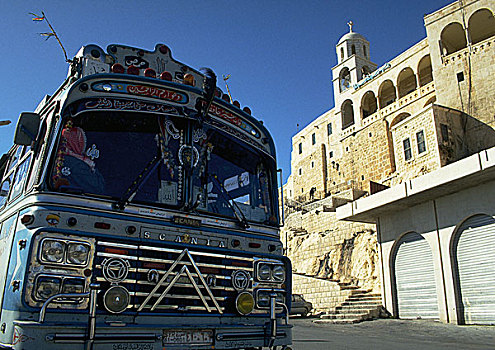 叙利亚,正面,蓝色,巴士,建筑,背景
