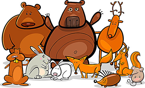 野生,森林动物,群,卡通,插画