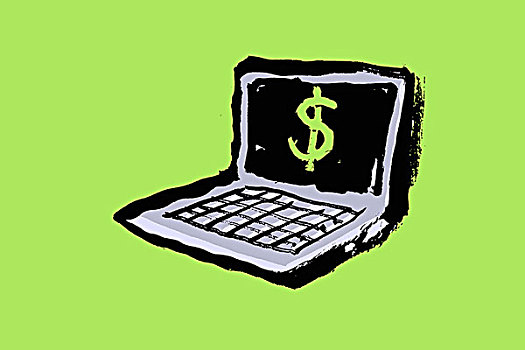 插画,笔记本电脑,美元符号,绿色背景