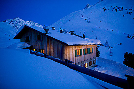 小屋,晚上,冬天,阿尔卑斯山,提洛尔,奥地利
