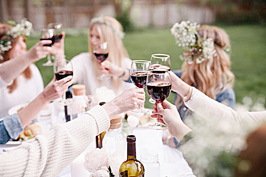 群体,女性朋友,汇集,桌子,祝酒,红酒