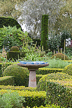 盆形装饰物,方形底座,绿雕塑,花园