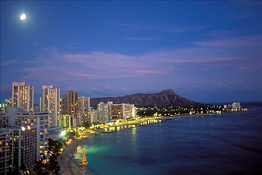 夏威夷,瓦胡岛,钻石海岬,怀基基海滩,月亮,城市灯光,天际线,夜晚,海岸