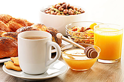 早餐,咖啡,面包,蜂蜜,橙汁,牛奶什锦早餐