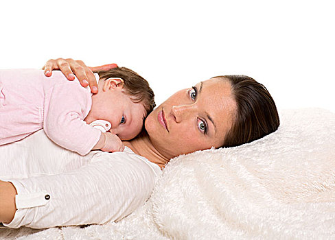 女婴,母亲,卧,一起,白色背景,毛皮,睡觉,奶嘴