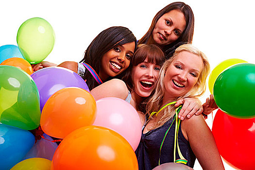 四个,高兴,女青年,许多,彩色,气球