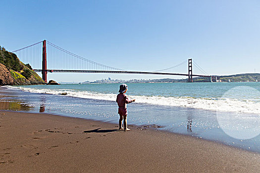 男孩,站立,旧金山,海滩