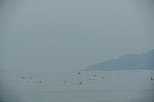 远山,网箱,船,风景,水,反光