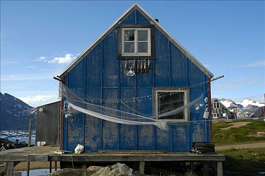 老,蓝色,木屋,渔网,仰视,窗户