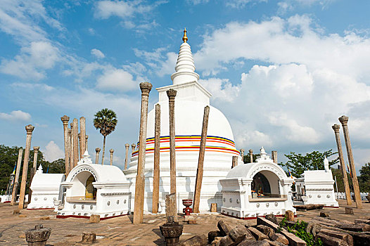 白色,佛塔,彩色,带,佛教,一个,站立,柱子,阿努拉德普勒,北方,中央省,斯里兰卡,亚洲