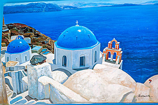 希腊雅典圣托里尼费拉蓝顶教堂