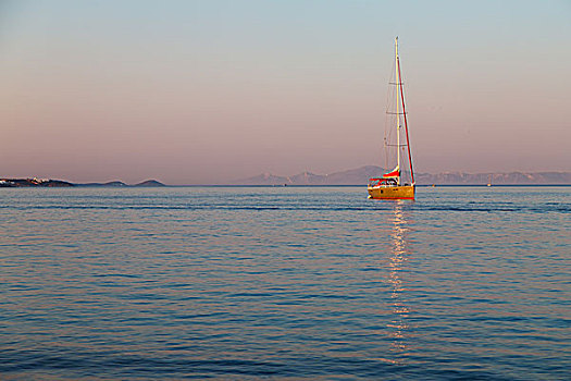 希腊,靠近,海岸线,船,游艇,日出,亮光