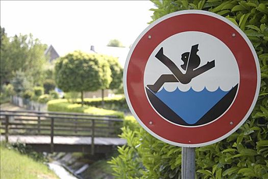 警告标识,正面,桥,搞笑,标识,明斯特地区,北莱茵威斯特伐利亚,德国,欧洲