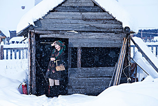 冬日,木屋,雪地,女人