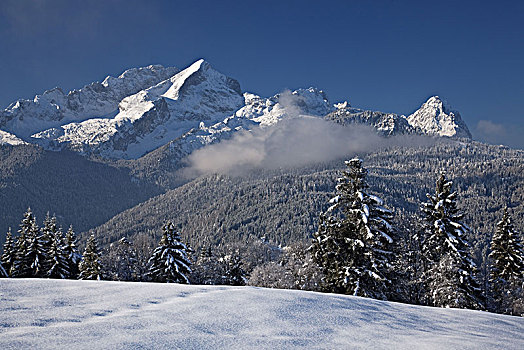 冬季风景,风景,阿尔卑斯峰,楚格峰,加米施帕藤基兴,巴伐利亚,德国