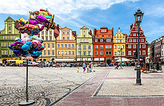 彩色,巴洛克,房子,建筑,旅游,气球,老城,市场