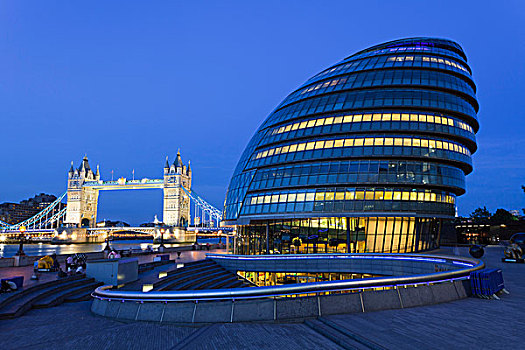 市政厅,塔桥,黄昏,伦敦,英格兰