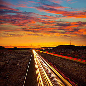 亚利桑那,日落,高速公路,汽车,亮光,痕迹,美国