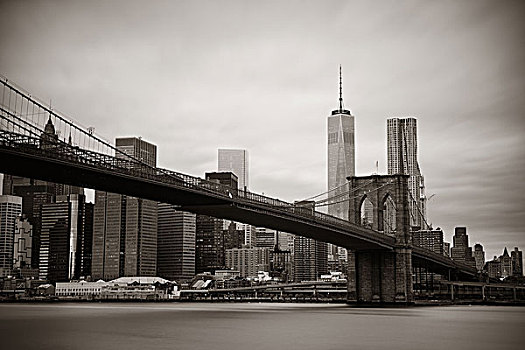曼哈顿,金融区,摩天大楼,布鲁克林大桥,黑白