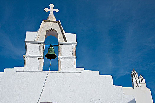 希腊,基克拉迪群岛,米克诺斯岛,特色,刷白,教堂,屋顶,钟,塔,展示,传统,建筑,大幅,尺寸