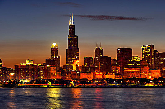夜景,塔,2009年,南,摩天大楼,密歇根湖,芝加哥,伊利诺斯,美国