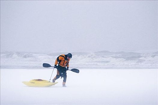 男人,拉拽,海浪,漂流,积雪,海滩,冬天,风暴,卡契马克湾,阿拉斯加