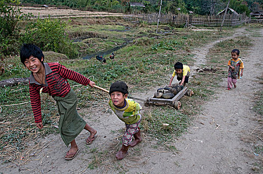 缅甸,孩子,拉拽,大,石头,手推车