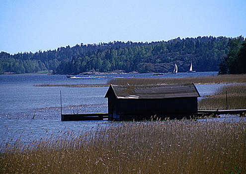 斯堪的纳维亚,船库,靠近,湖